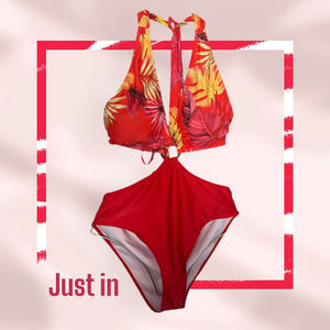 Red Floral Halter One Piece Swimsuit Cut Out Monokini Bathing Suit